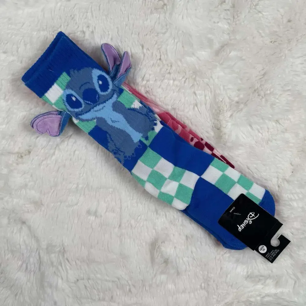 Disney Stitch & Angel 3D Ears Checker Crew Socks 2-Pair Set